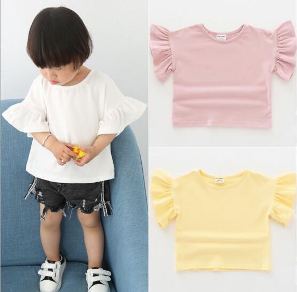 

New girl kids clothing t shirt 100% cotton O-neck Ruffles short sleeve girl t shirt solid color girl summer t-shirt