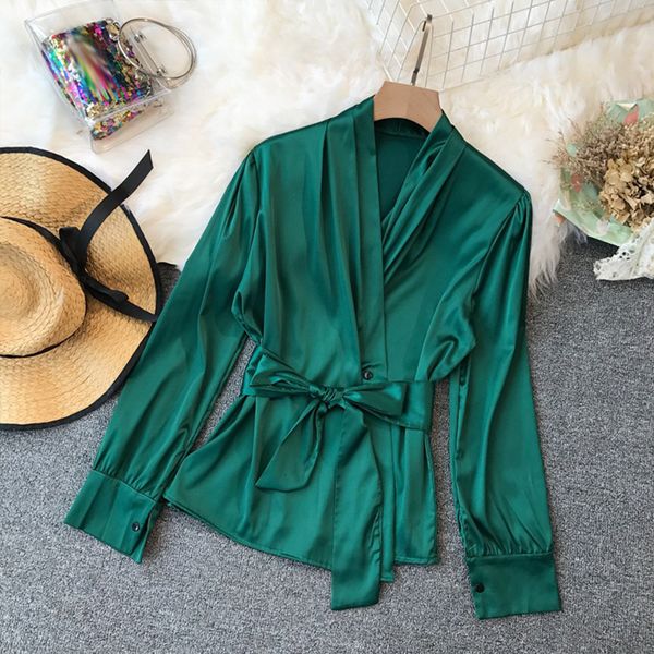 

ladies long sleeve v-neck waistband blouse female sashes drawstring lantern sleeves shirt ladies fashion suits waist belt, White