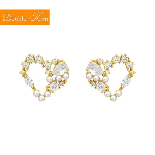 

love pearl earrings full inlaid zircon alloy stud earrings fashionable gold color fashion trendy women jewelry gift, Golden;silver
