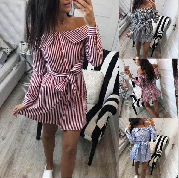 

лето женщины рубашка мода зашнуровать платье дамы с плеча рубашки повседневный кнопка fly с длинным рукавом сыпучие короткие мини платья, Black;gray