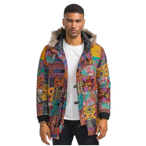 

vogue vintage men's ethnic style hawaiian style -african cotton and linen printed coat color unique with furry hat, Black