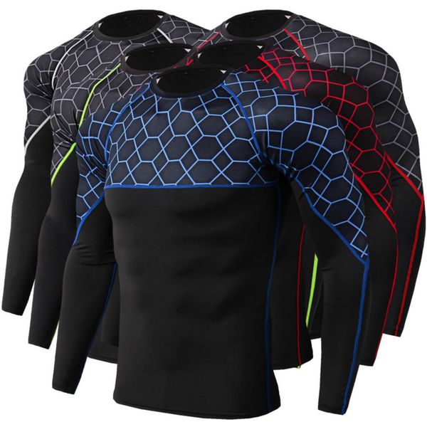 

men's fitness printing stitching long-sleeved sports running training perspiration quick-drying high-elastic tights long-sleeved, Black;blue