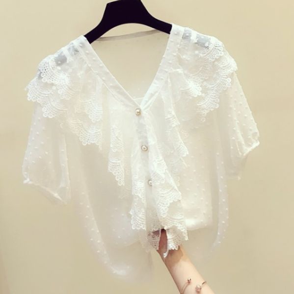 

white lace shirt women 2020 summer new korean style elegant v-neck short sleeved ruffled chiffon blouse ladies blusas mujer