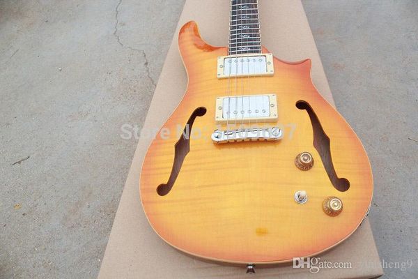 

yellow custom 24 special figured maple electric guitar, f hole, maple neck guitar