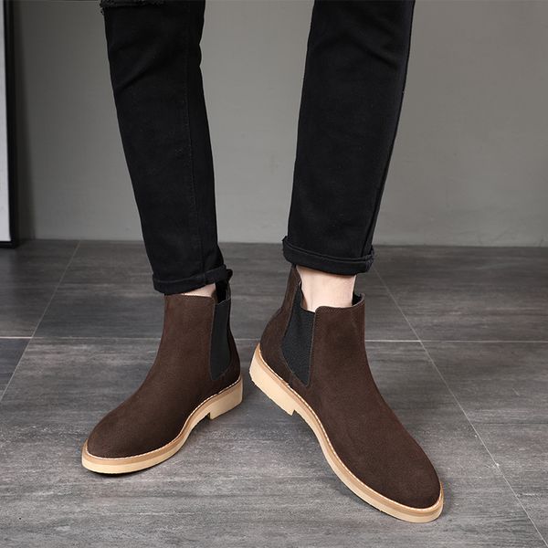 

boots pointed toe british vintage men casual shoes genuine leather male ankle slip-on dress wedding snow warm plush boot, Black