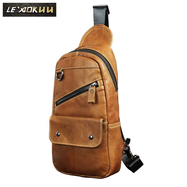 

cowhide leather men casual fashion travel triangle chest sling bag design 8" tablets one shoulder strap bag daypack male 5317