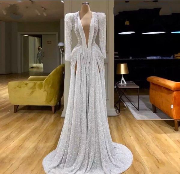 

long sleeves evening dresses with deep v neck front split sequined prom dress long vintage celebrity party gowns robe de soiree, Black;red