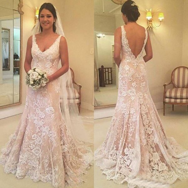 

chic mermaid lace wedding dresses deep v neck sleeveless backless bridal dresses sweep train wedding gowns vestidos de novia, White