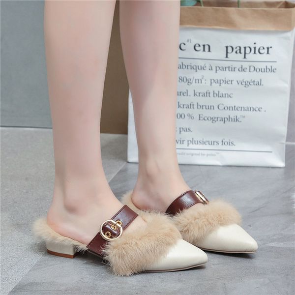 

womens buckle fur slides slippers winter ladies fashion casual keep warm pointed toe square heel outdoor slippers shoes pantufa, Black