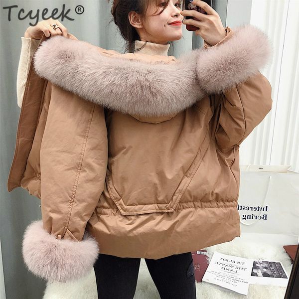 

tcyeek womens down jackets white duck down coats female short parka real large fur collar thick warm clothes lwl1350, Black