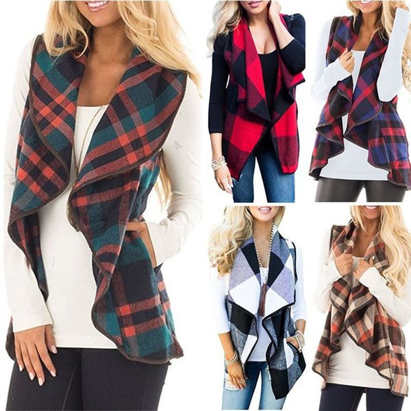 

new women plaid cardigan pocket vest coat lapel irregular sleeveless jacket blouse outwear waistcoat 9colors dhl wx9-1607, Blue;gray
