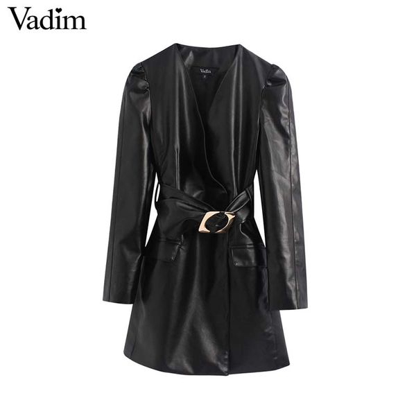 

vadim women stylish puff sleeve mini dress pu leather v neck belt design pockets female fashion casual dresses vestidos qd098, Black;gray