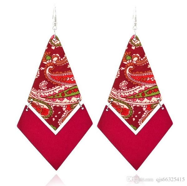 

2019 women wooden earrings scenery printing colorful eardrop wood round charm hoop earringsgeometric wood long pattern ethnic style earrings, Silver