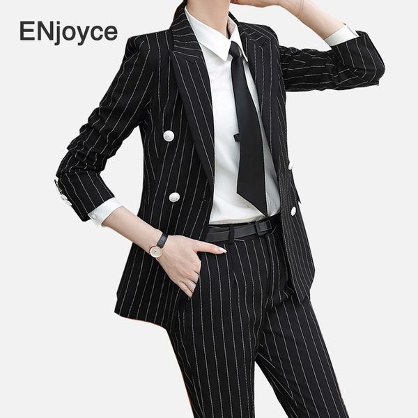 

women 3 pieces set striped blazer & blouse & pants suits long sleeve double breasted jacket autumn fashion slim fitting clothing, White;black