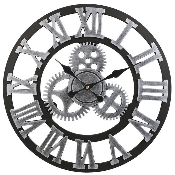 

retro vintage european handmade 3d gear decorative wooden vintage wall clock (silver color