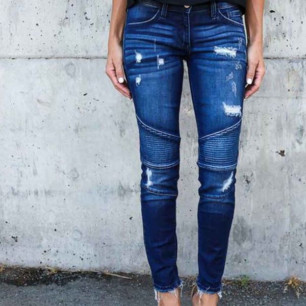 

2020 new pleated vintage elastic skinny jeans women fashion england style moto biker denim trousers mujer, Blue
