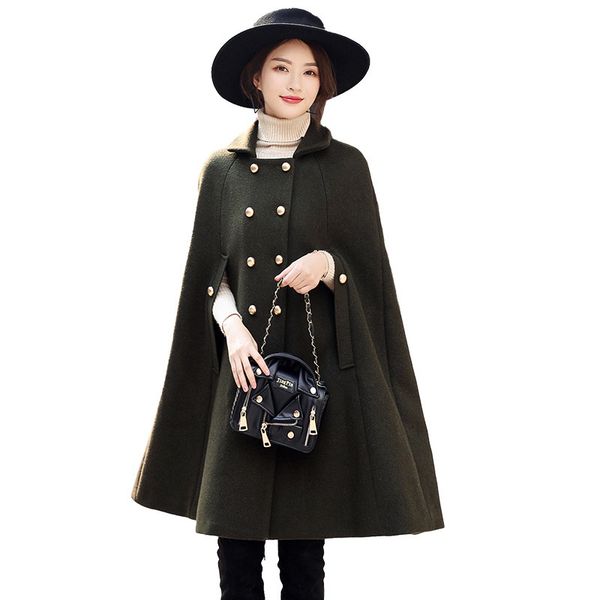

2019 new winter cloak double breasted woolen coat women turn down collar cape coat long sleeve manteau femme autumn jacket xa148, Black