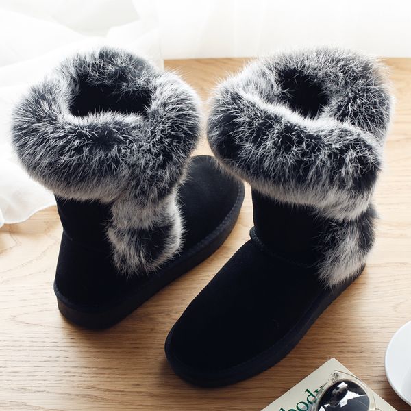 

2020 australia women cowskin booties female winter snow boots with rabbit fur woman ski warm botas waterproof rain boots, Black