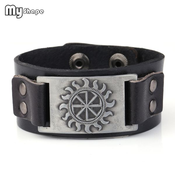 

my shape viking bracelets symbol of sun amulet black brown rivet genuine leather bangles scandinavian norse vintage jewelry