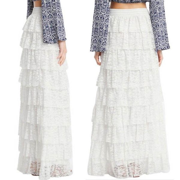 

new casual women's lace long elastic flowy pleated high waist white beige colors boho maxi straight skirts, Black;gray