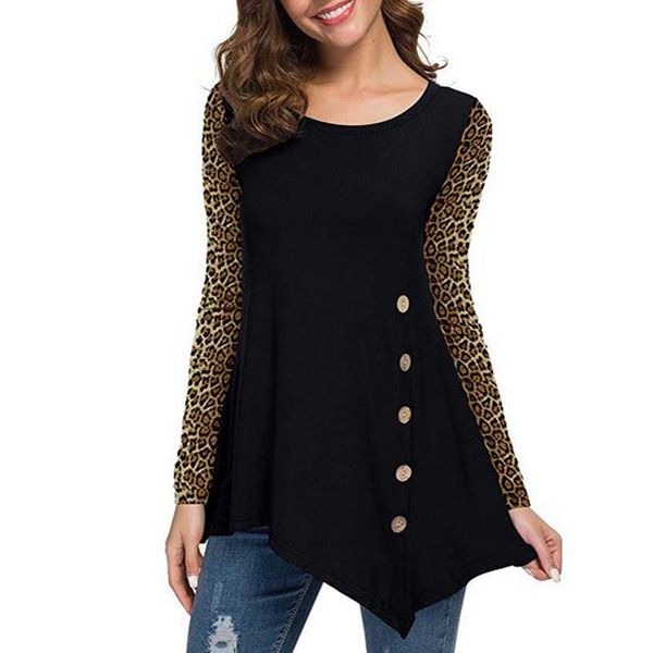 

women's tunic shirts winter autumn leopard print long sleeve clothes round neck button side shirts blusas mulher elegantes, White