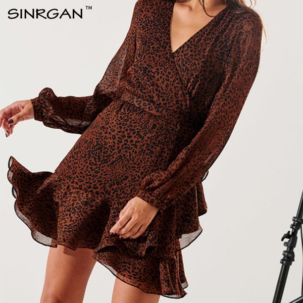 

sinrgan fashion mini leopard dress ruffle brown elegant women streetwear autumn vintage dresses mini short robe femme, Black;gray