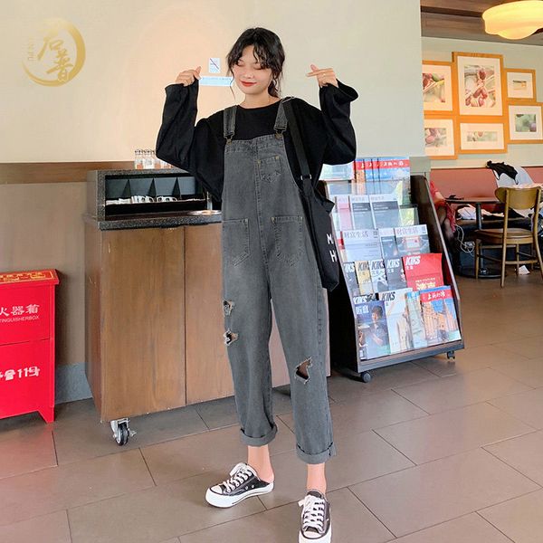 

womens retro ripped destroyed hole denim jumpsuit casual loose student straight overall pants gray, Blue