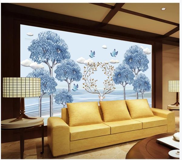 

new chinese embossed blue forest landscape tv background wall modern living room wallpapers