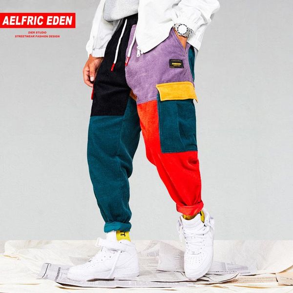 

aelfric eden men corduroy patchwork pockets cargo pants 2018 harem joggers harajuku sweatpants hip hop streetwear trousers ur51