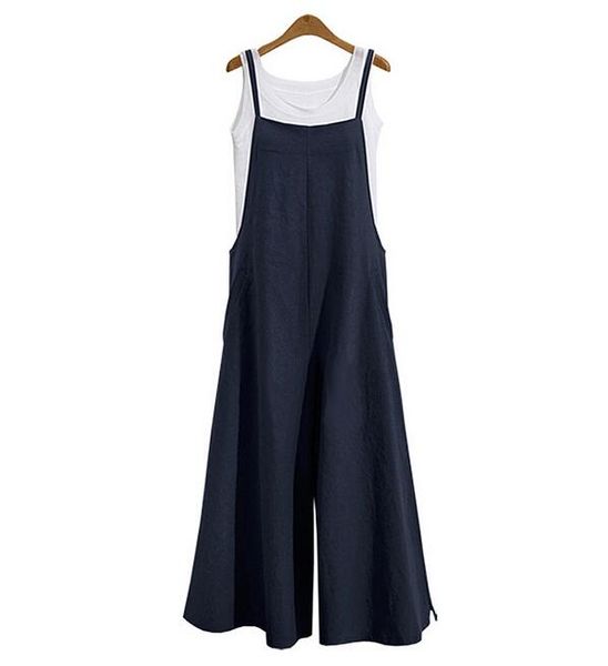 

2019 summer linen long wide leg jumpsuit cotton sling shorts bib women casual loose dress m1, Black;white