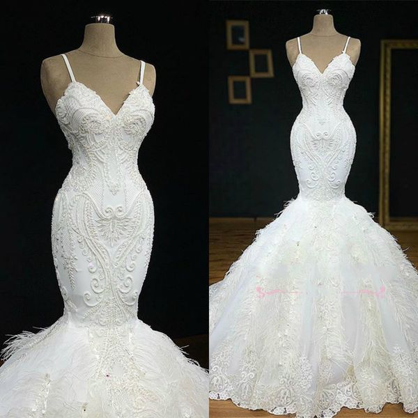 Real imagem Sereia vestidos de casamento 2020 espaguete varrer trem bordado penas plus tamanho vestidos de noiva feitos sob encomenda vestido de noiva do país