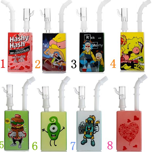 

Hitman Colorful Glass Juice Box Oil Dab Rigs Beaker Bongs 7.8 " Liquid Sci Themed Glass Juice Box Water Pipes 8-Design Glass Hooka