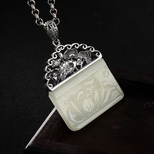 

2018 rushed new arrival accented plant s925 pure natural hetian inlaid lotus flower lady's sweater chain pendant wholesale, Silver