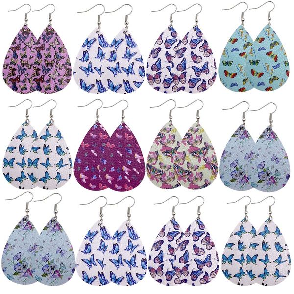 

1pair butterfly print pu faux leather dangle earrings boho style teardrop drop pendientes earrings for women jewelry, Silver