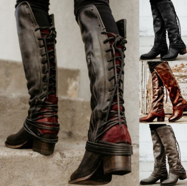 

sapato feminino women boots knee high vintage pu leather shoes woman cross-tied lace up gladiator booties girls, Black
