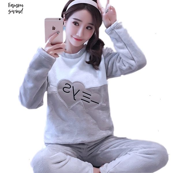 

warm thick 2019 plaid pajama sets for women flannel winter long sleeve coral velvet pyjama girl sleepwear homewear clothing, Black;red