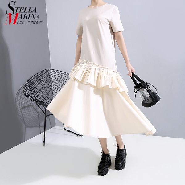 

* new 2020 women summer fashion solid beige dress straight sloping hem ruffles ladies stylish cute midi dresses robe femme 6173, Black;gray