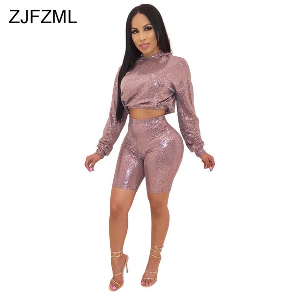 Glitter Sequin Sexy 2 Dois Peça Set Mulheres Roupas de Manga Longa Chapeira Topo e Biker Bodycon Shorts Suites Plus Size Tracksuit