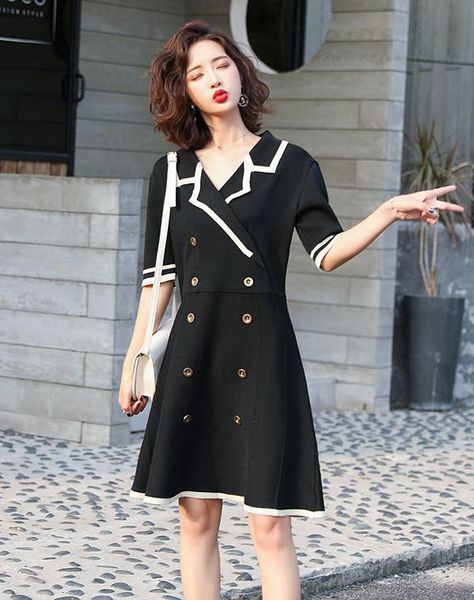 

french short-sleeved knitted skirt mid-length summer 2019 new suit collar double-breasted thin-skirt coloured a-edition dress, Black