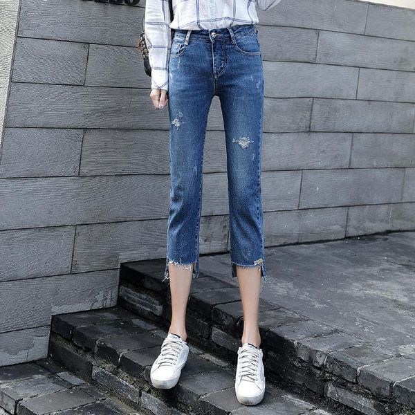 

nonis summer calf length mid waist women jeans slim pocket blue stretch female denim pants college style sweet pencil jeans 2019