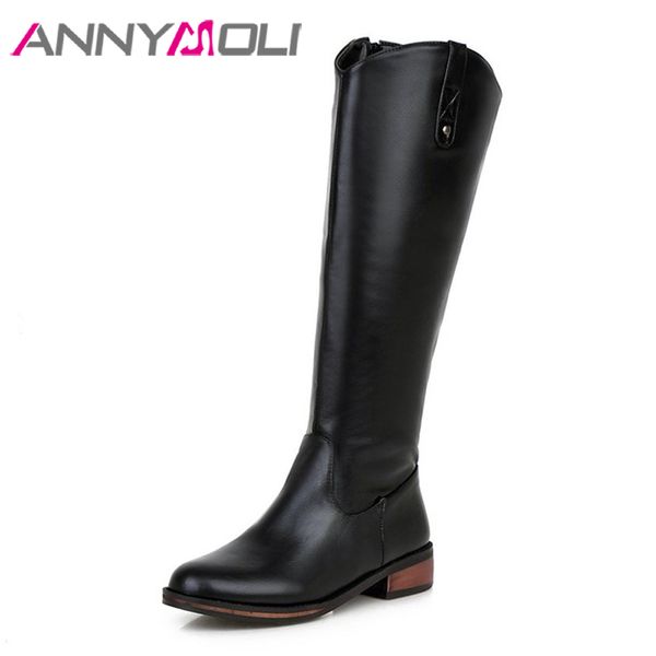 

annymoli riding boots women shoes winter block heel western boots zipper med heel knee high female 2018 red big size 34-43, Black