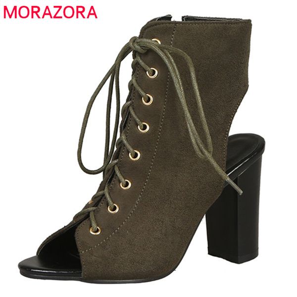 

morazora 2019 new fashion style ankle boots for women gladiator sandals boots lace up zip summer high heels shoes woman, Black