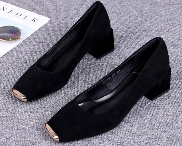 

women's shoes in spring and autumn high coarse heel square head suede #2525, Black