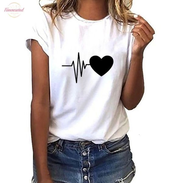 

25 vintage tshirt women loose short sleeved heart print short t shirt casual o neck polyester plus size shirt ropa mujer, White