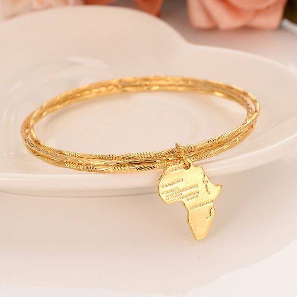 

country map charm solid yellow fine gold finish 3 round bangle bracelet, Black