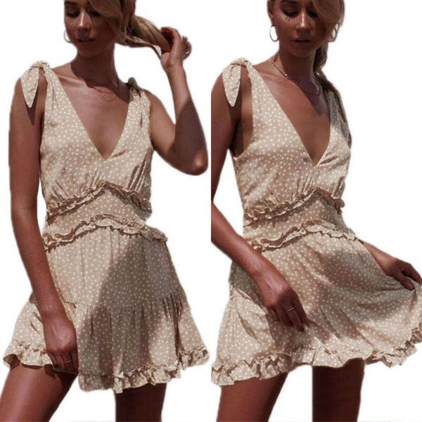 

women's boho polka dots sleeveless deep v neck ruffle mini dress summer sundress, Black;gray