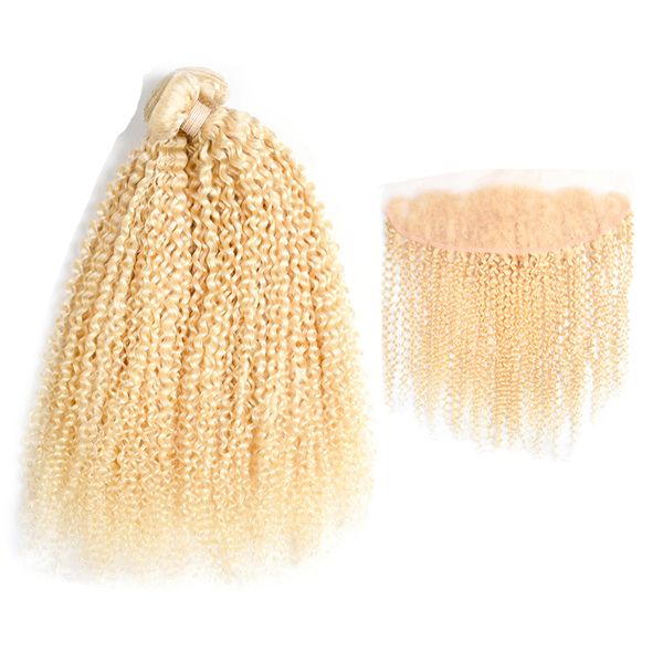 

перуанский девственница кини вьющиеся 613 блондинка пучок волос с кружевом фронтальной 13 * 4 дюйма 2 шт человеческие волосы с предварительн, Black;brown