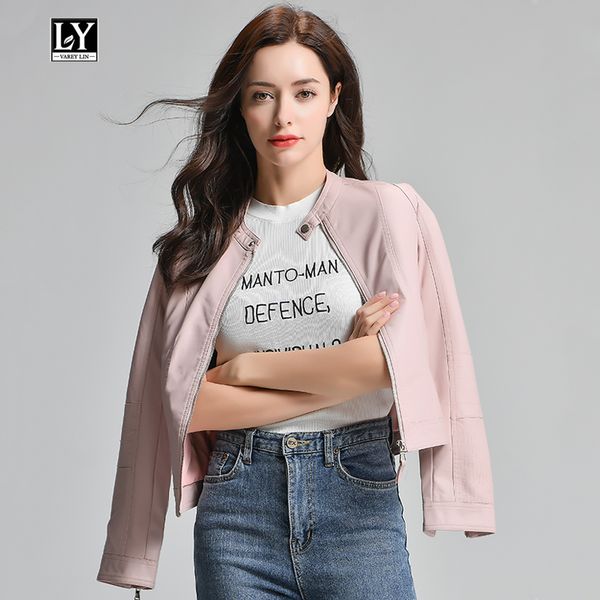 

ly varey lin pu motorcycle faux soft leather jacket women coat slim biker female black pink leather short jacket outerwear