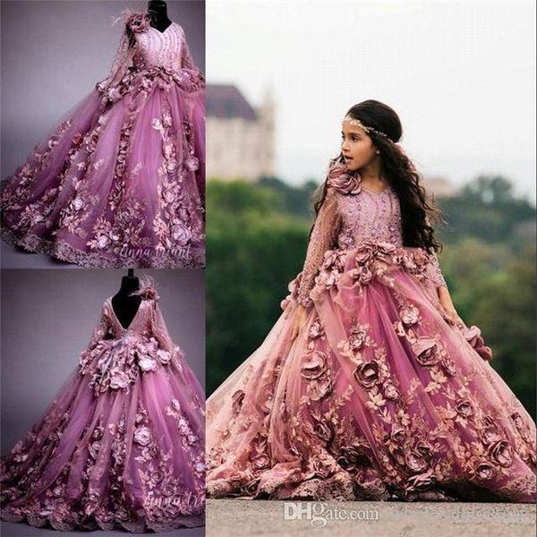 Plum 3D Floral Applique Ball Gown Girl Abiti da spettacolo Sheer manica lunga Appliques Lunghezza pavimento Bambini Abiti da spettacolo per bambini BC1952