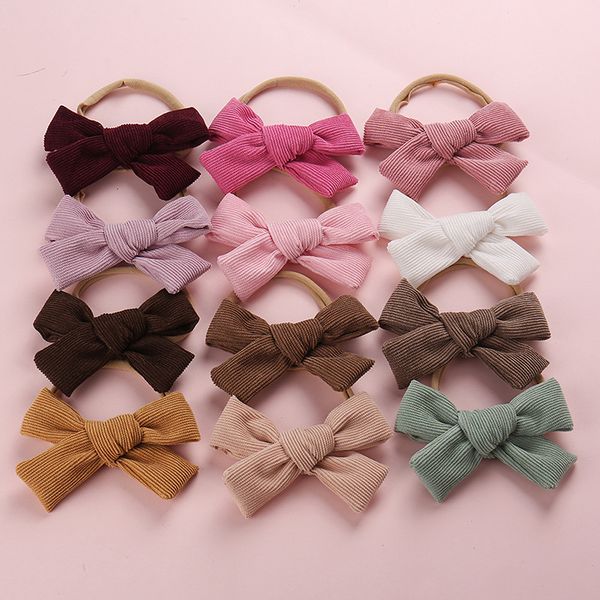 

pcs/lot, 4.3" corduroy bow baby headbands, skinny nylon headband, hand tied schoolgirl bow corduroy hair clips, Slivery;white
